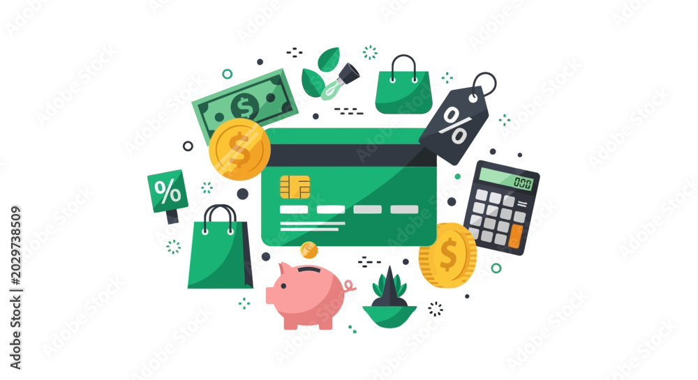 Fototapeta premium Green Credit Card and Financial Icons Flat Illustration for E-commerce, Personal Finance Management, Savings, and Sustainable Shopping Concepts