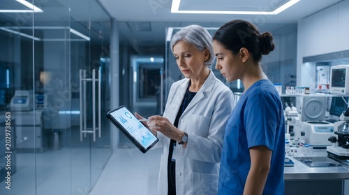 Senior doctor and young nurse reviewing medical data and patient charts on digital tablet in modern futuristic hospital laboratory setting