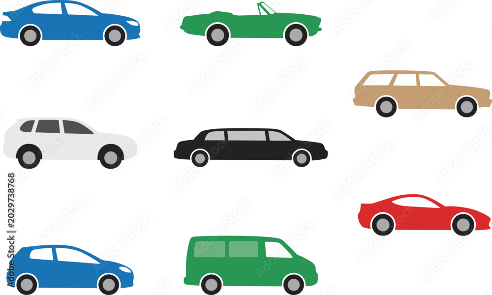 Fototapeta premium Flat Car Silhouette Vector Collection Featuring Sedan, SUV, Wagon, Convertible and Sports Car Icons for Modern Design
