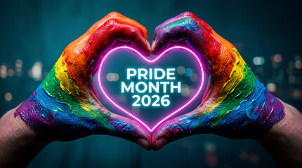 Hands painted with rainbow colors forming a heart for pride month 2026 celebration