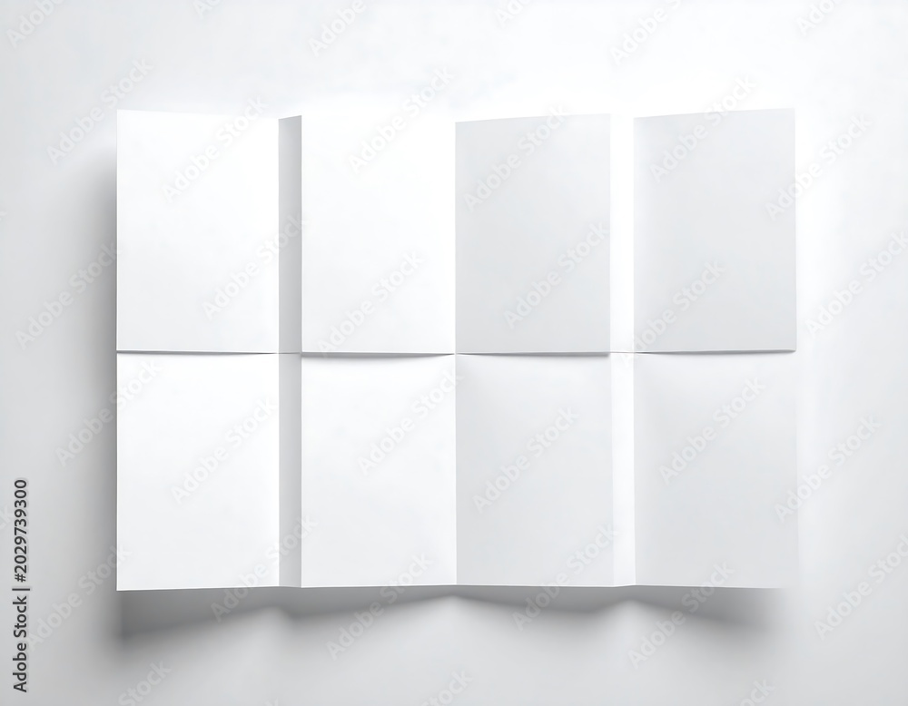 Fototapeta premium Blank White Paper Folded into Eight Sections on Soft Light Background for Brochure, Layout and Printing Mockup Presentation