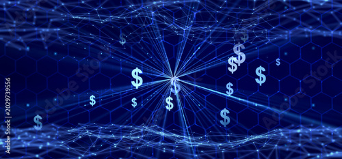 shiny light rays, dollar signs and digital grid on hexagramm background, concept for futuristic finance technology, stablecoin and blockchain