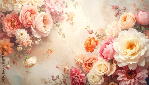 Intricate Floral Tapestry Background with Blooming Roses Peonies and Dahlias with Copy Space.