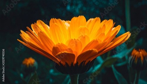 Detailed Macro Shot of Glowing Orange Calendula Flower with Soft Cinematic Lighting.