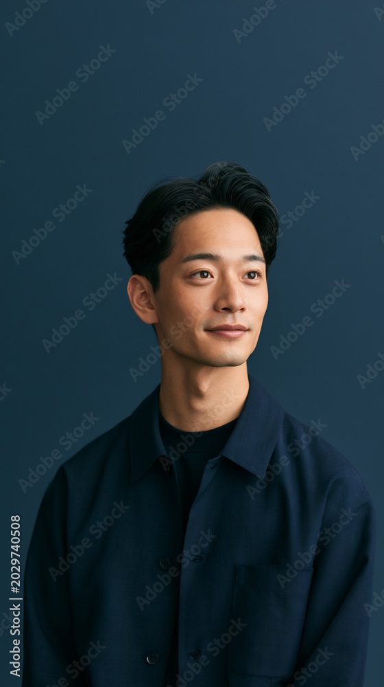 Obraz premium healthcare portrait with cinematic lighting, luxury clinic advertising concept with japanese male model, dark navy studio healthcare branding aesthetic