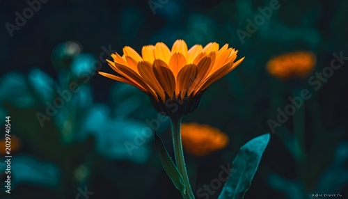 Dreamlike Close-Up of Bright Orange Calendula Flower in Soft Moody Light.