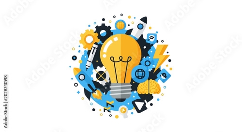Creative Business Innovation and Startup Concept Illustration with Light Bulb, Rocket, Gears, and Brain Icons for Brainstorming and Success