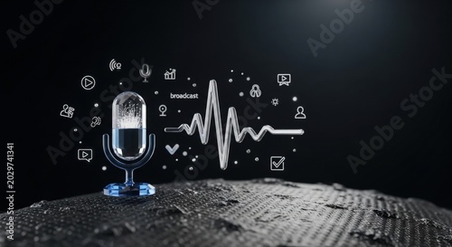 Conceptual  of Floating Sapphire Glass Microphone and Silver Waveform on Textured Basalt and Carbon Fiber Surface representing Enterprise Podcasting and Executive Communication