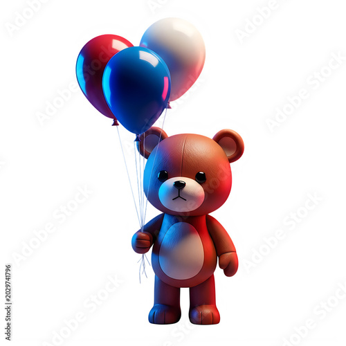 Cute brown teddy bear holding red white and blue balloons