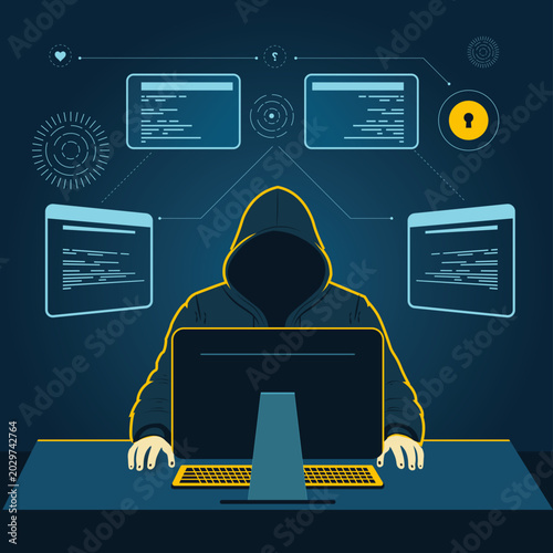 Photos hacker working on computer code in a dark digital space