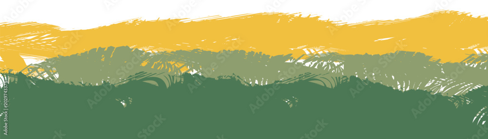 Fototapeta premium abstract landscape with green and gold paper layers representing a minimal farm field vector illustration; organic shapes and simple rustic silhouettes of nature elements create a scenic view