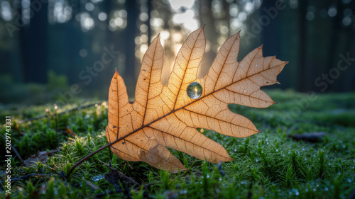 Brown oak leaf with a single crystal water droplet resting on top sitting on green mossy forest floor background