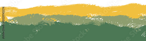 abstract landscape with green and gold paper layers representing a minimal farm field vector illustration; organic shapes and simple rustic silhouettes of nature elements create a scenic view