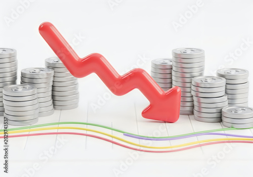 Red arrow down graph with coin stacks
