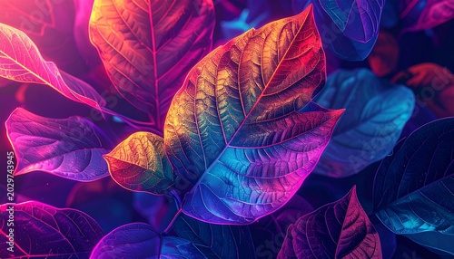 Vibrant Neon Leaves with Colorful Lighting Effects.
