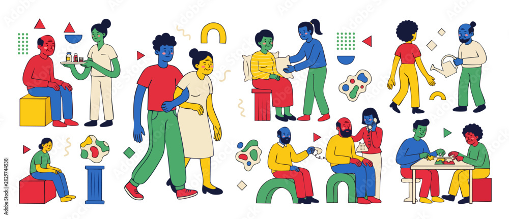 Fototapeta premium Elderly care illustration vector set featuring seniors receiving assistance, medical care, and physical support from diverse caregivers in a modern flat cartoon design with community and health concep
