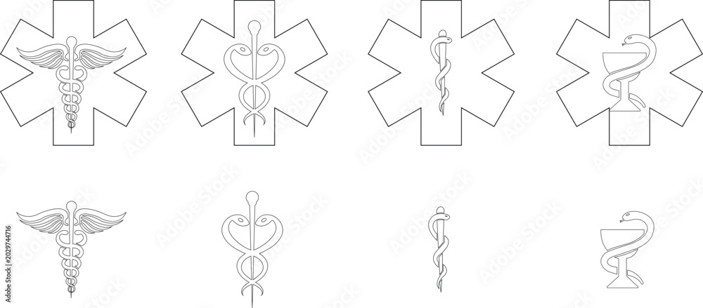 Fototapeta premium Caduceus medical icons set with healthcare symbols and emergency star cross signs in flat and outline styles, isolated on transparent background, medicine and hospital illustration collection