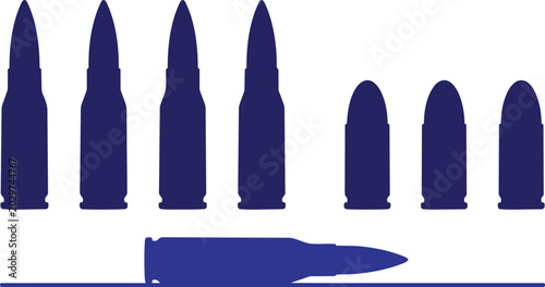 Bilde på lerret Collection of blue bullet and cartridge silhouettes in various sizes and designs
