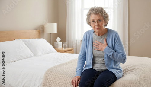 Elderly woman, concept of breathlessness and heart disease symptoms