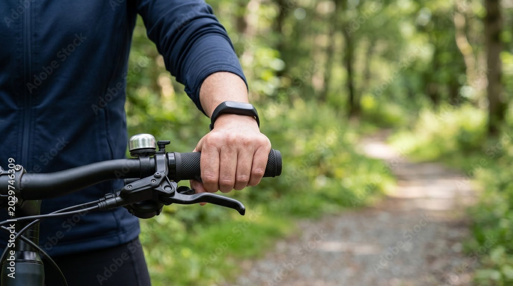 Fototapeta premium Person's hand gripping bicycle handlebars with a bell and smartwatch while riding on a gravel path through a green forest.