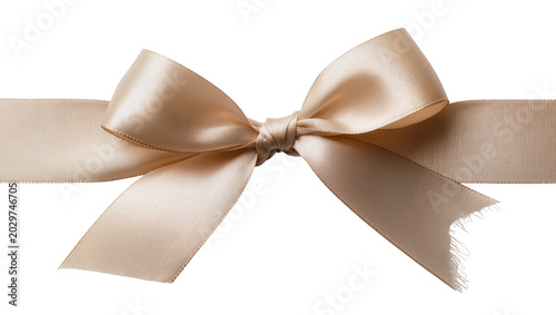 Foto Champagne satin ribbon bow with frayed ends, isolated on transparent background