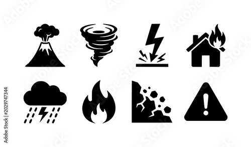 Tableau sur toile Black disaster emergency and hazard silhouette icon set vector illustration