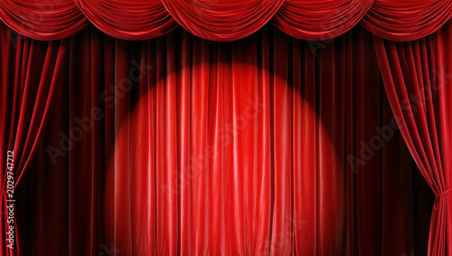 Фотография Luxurious red velvet theater curtains with spotlight, isolated on transparent ba