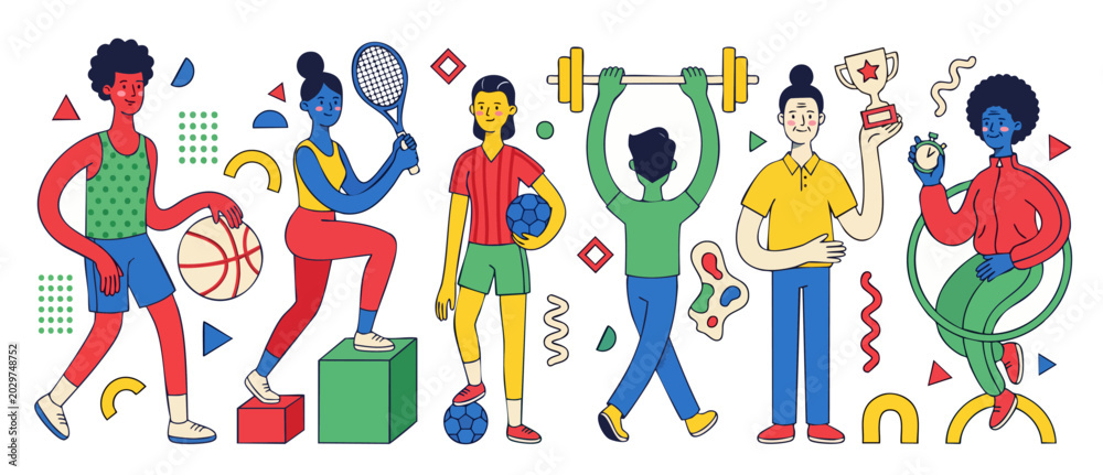 Fototapeta premium Sports athletes fitness flat illustration of diverse people training with basketball, soccer ball, tennis racket, and barbell weights. Colorful geometric Memphis style active lifestyle vector graphic.
