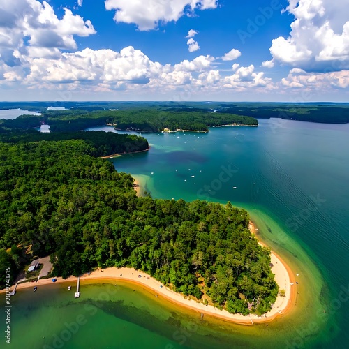 Aerial view of lake and island.