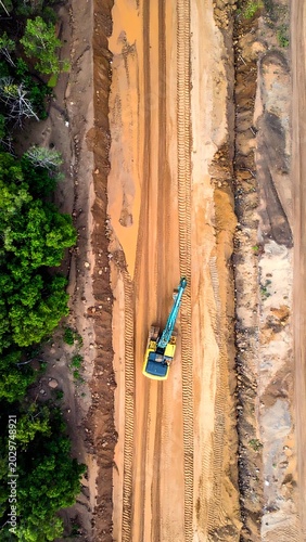 Aerial view of construction site with excavator.