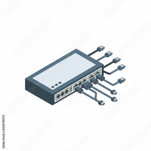 Network switch with multiple Ethernet cables connected.