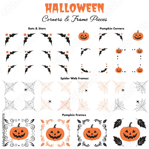 Halloween decorative corners and frame borders vector kit with bat pumpkin and spiderweb elements