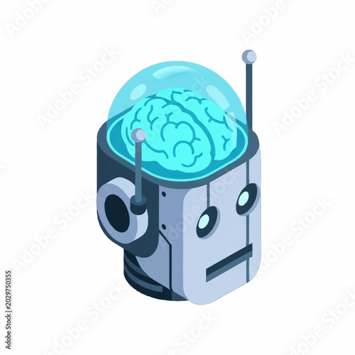 Photos Robot head with glowing blue brain inside transparent dome.