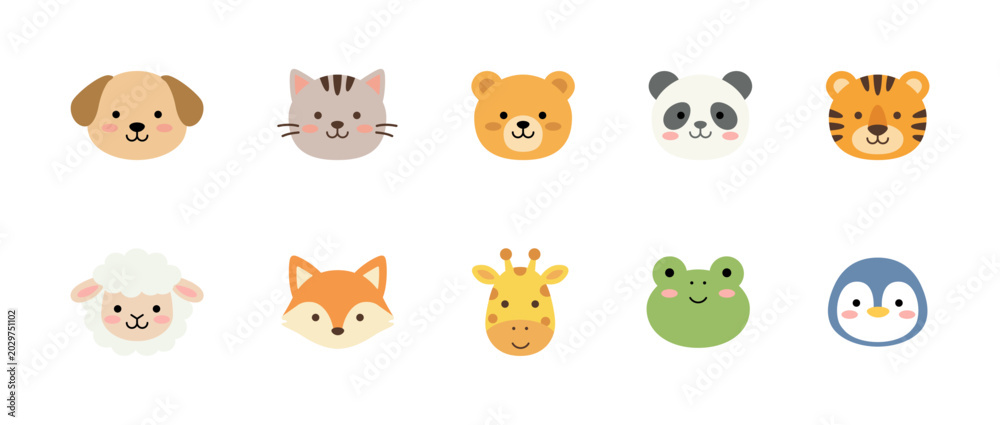Obraz premium Cute animal faces vector illustration set with dog, cat, bear, panda, tiger, sheep, fox, giraffe, frog, and penguin