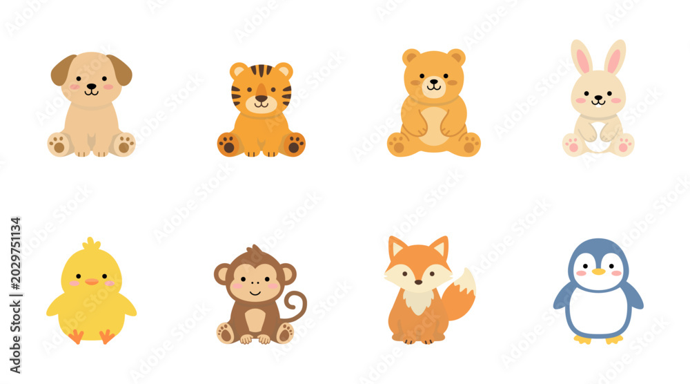 Obraz premium Cute full body animal characters vector illustration set with dog, tiger, bear, rabbit, chick, monkey, fox, and penguin