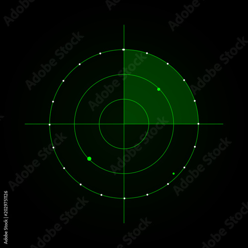 Green digital tactical radar display screen showing circular scanning sweep and target blips on illustration