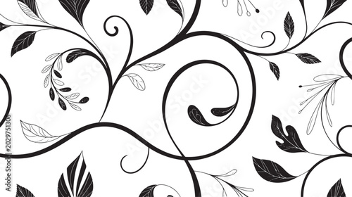 Fotografia Vintage Art Nouveau Seamless Floral Pattern Black and White Botanical Vector Bac