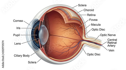 Quadro su tela The human eye structure consists of cornea, pupil, lens, retina, and optic nerve in a detailed anatomical illustration