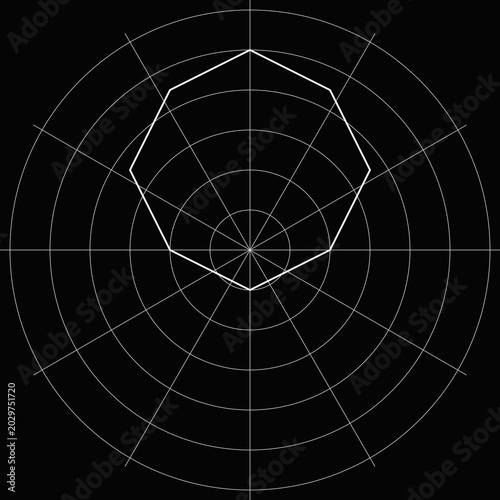 White polar grid with irregular polygon radar chart on black background for data analysis illustration