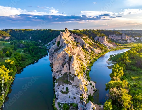 Aerial view of river canyon landscape.
