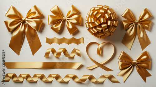 Golden silk ribbons and decorative bows collection isolated for luxury gift wrapping design projects on a flat surface layout