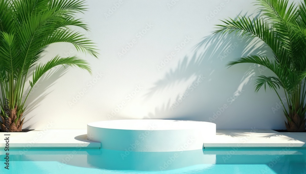 Obraz premium Minimalist white podium beside clear blue pool water and lush green palm trees. Sunlight casts leaf shadows on white wall, creating serene tropical ambiance. Ideal for summer product display.