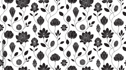 Photos Vintage Chintz Seamless Pattern Black and White Classic Floral Vector Background
