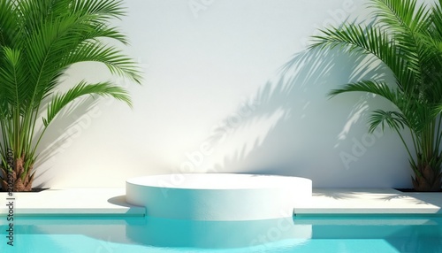 Minimalist white podium beside clear blue pool water and lush green palm trees. Sunlight casts leaf shadows on white wall  creating serene tropical ambiance. Ideal for summer product display.