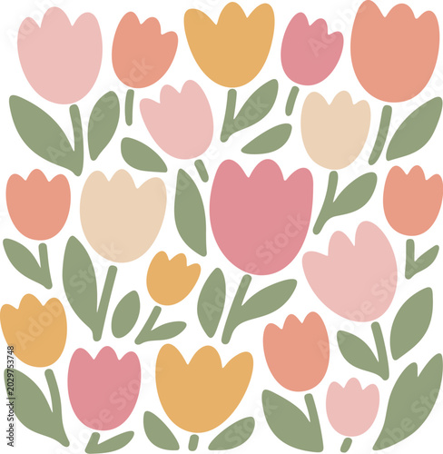 Hand drawn tulips. Abstract doodle floral background.