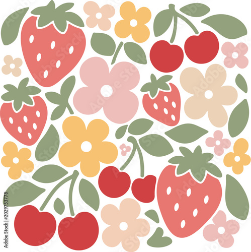 Abstract summer pattern with fruits and flowers. Doodle vector illustration.