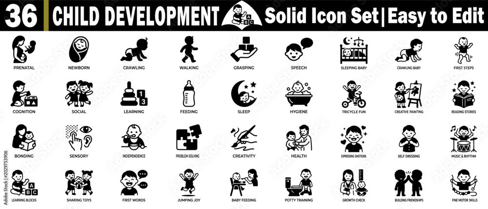 Obraz premium Child development solid icon set. Prenatal newborn crawling, walking, grasping, speech, sleeping baby, crawling baby, first steps.