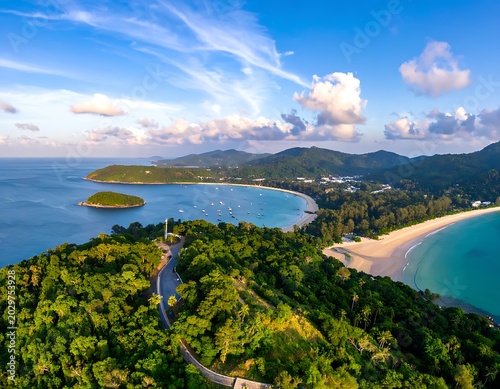 Aerial view of tropical coastline landscape.