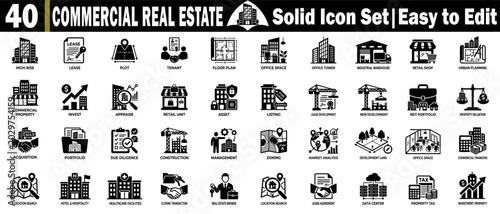Commercial real estate solid icon set. Easy to edit high-rise lease plot, tenant floor plan, office space, office tower.