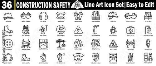 Bild auf Leinwand Construction safety line art icons set